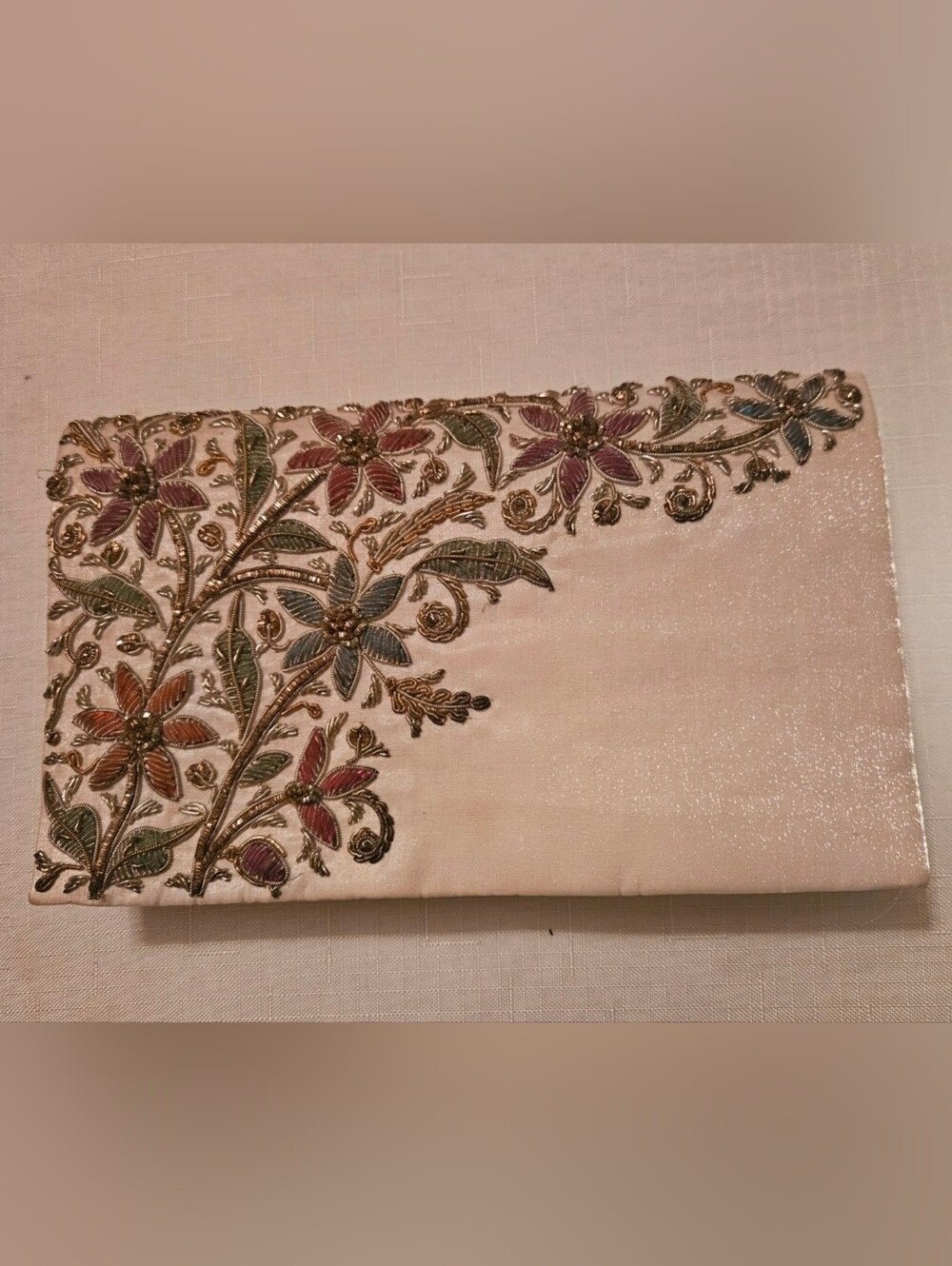Embroidered Floral Ivory Clutch with Multicolor Accents